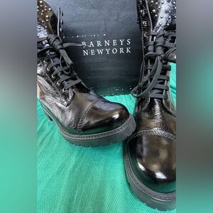 BARNEYS NEW YORK Silver Studded Black Leather Lace Up Ankle Combat Boots Size 38